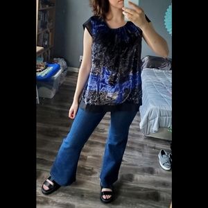 Velvet & Mesh Cap Sleeve Babydoll Blouse